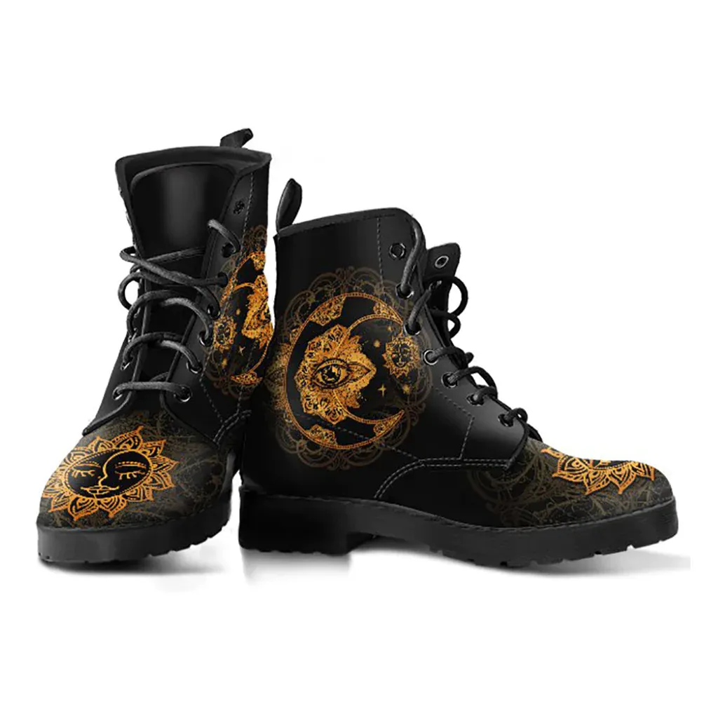 Combat Boots for Women - Gold Sun and Moon Women's Leather Boots