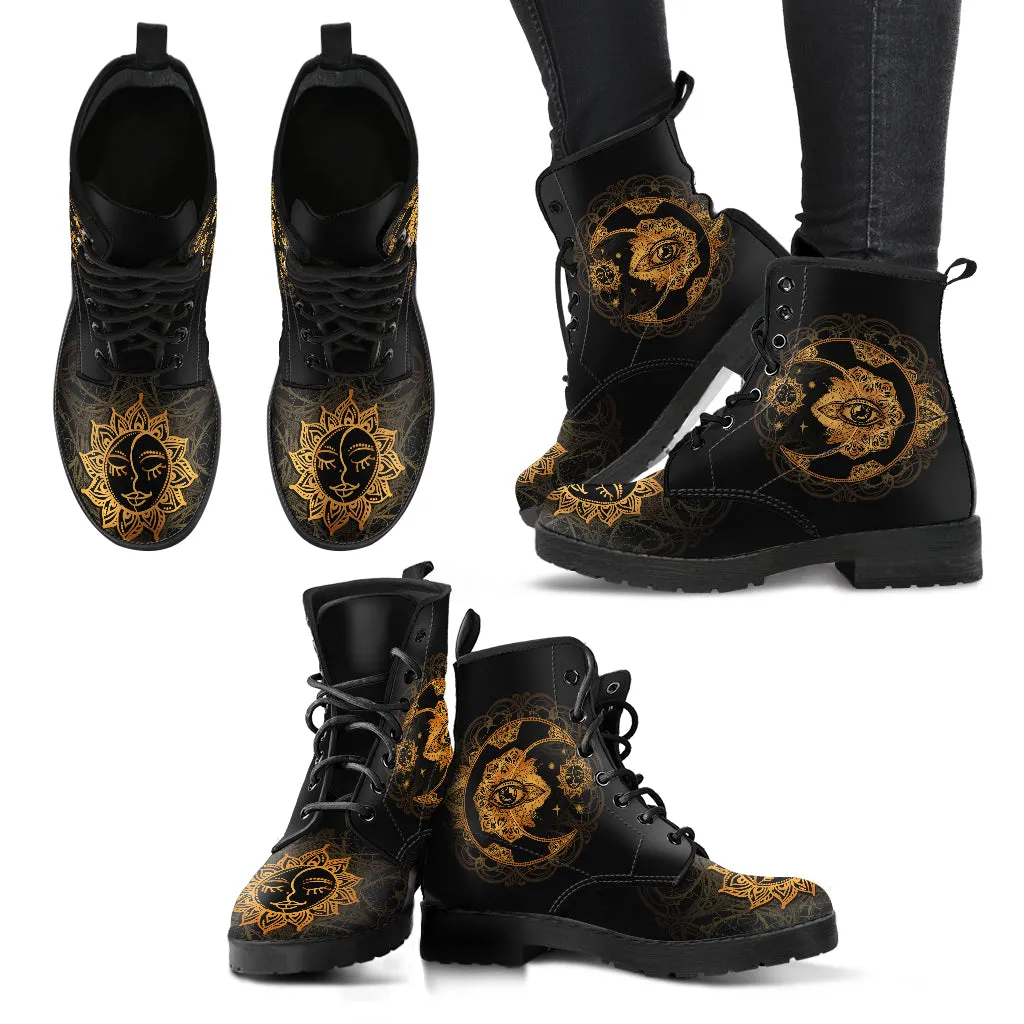 Combat Boots for Women - Gold Sun and Moon Women's Leather Boots