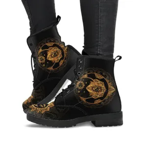 Combat Boots for Women - Gold Sun and Moon Women's Leather Boots