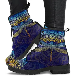 Combat Boots for Women - Mandala Dragonfly Colorful Handcrafted Boots | Unique Custom Faux Leather Shoes, Cruelty-free Vegan Handmade Lace Up