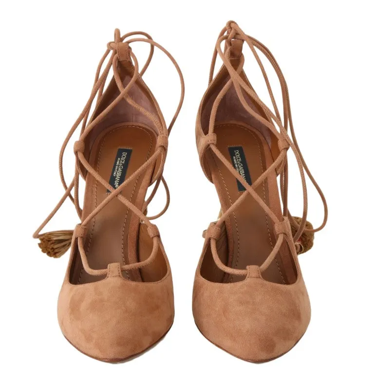 Dolce & Gabbana Beige Suede Tassel Ankle Strap Pumps