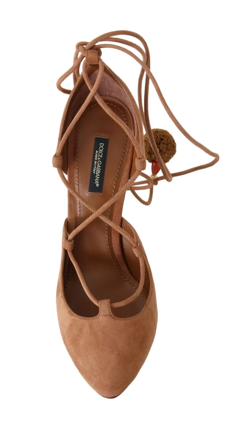 Dolce & Gabbana Beige Suede Tassel Ankle Strap Pumps