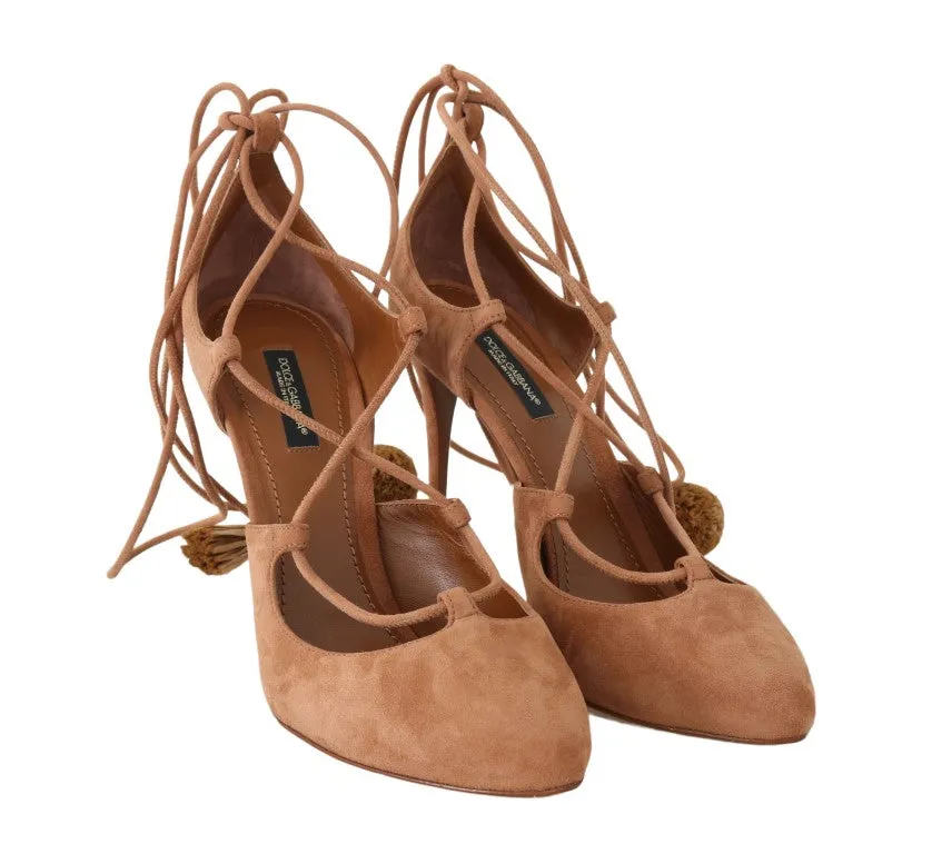 Dolce & Gabbana Beige Suede Tassel Ankle Strap Pumps