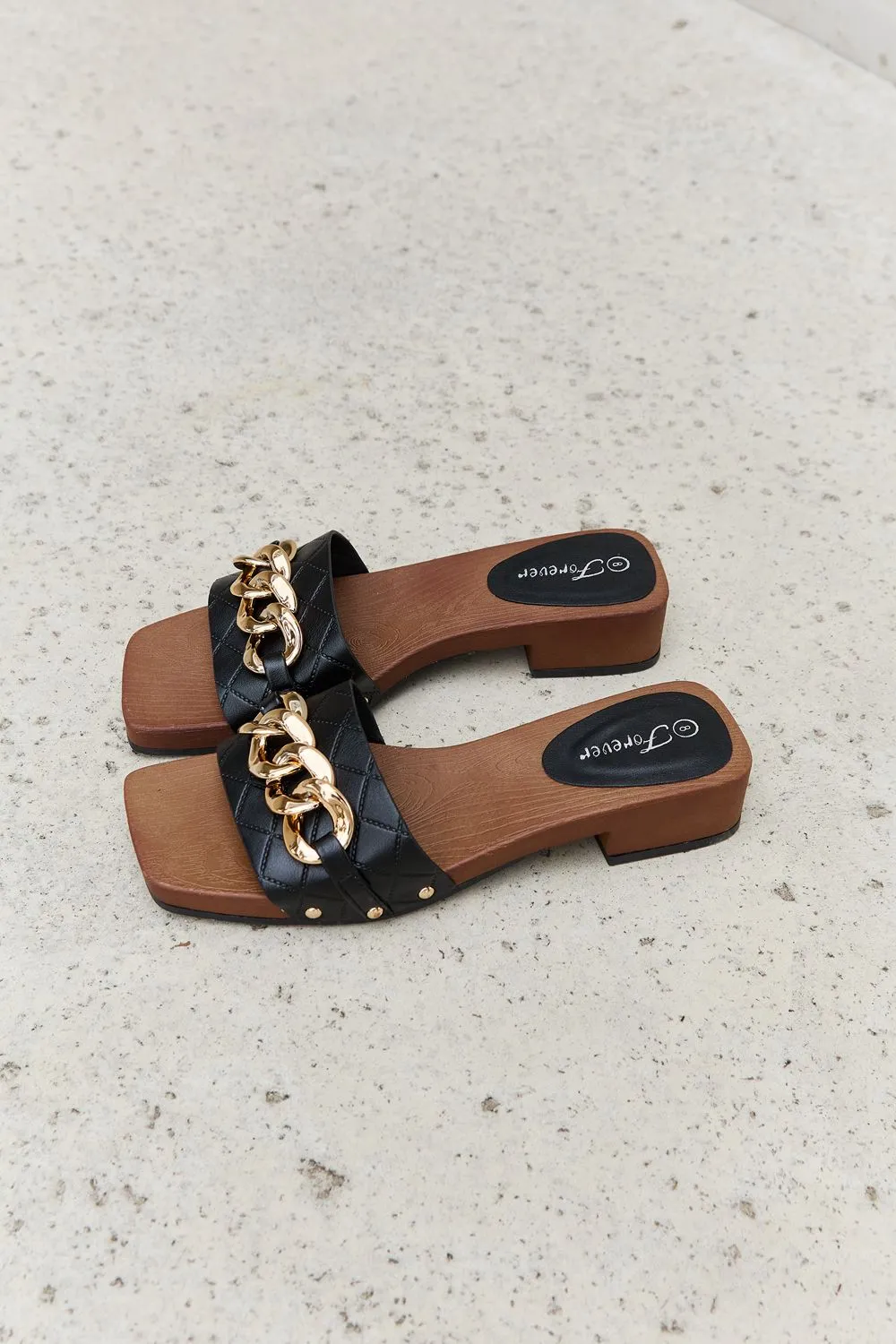 Forever Link Square Toe Gold Tone Chain Detail Clog Slide On Slip In Sandals in Black