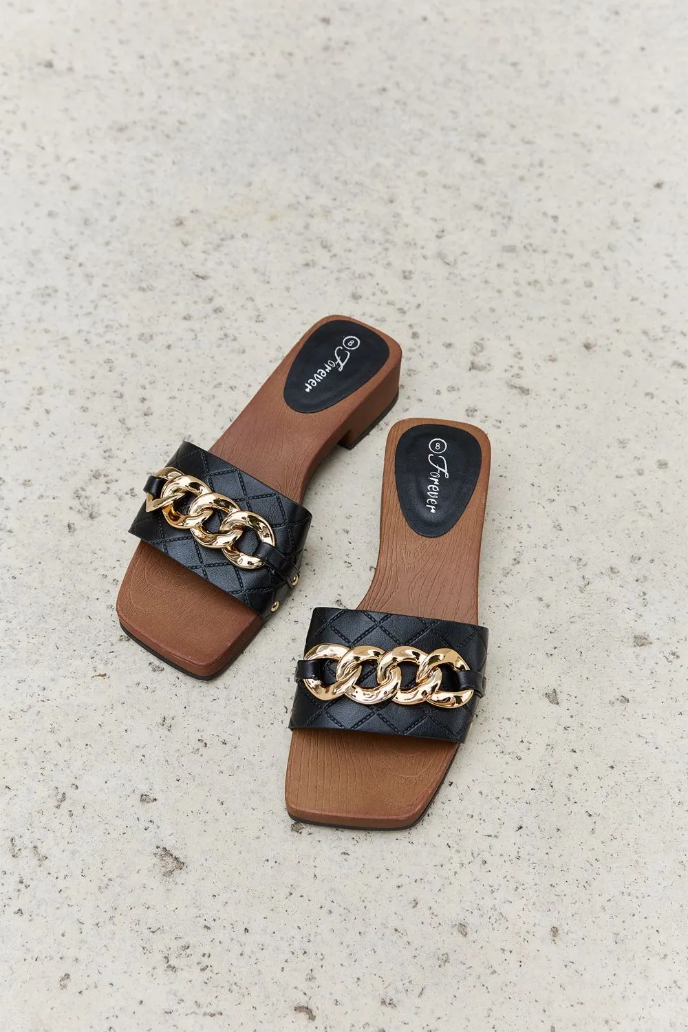 Forever Link Square Toe Gold Tone Chain Detail Clog Slide On Slip In Sandals in Black