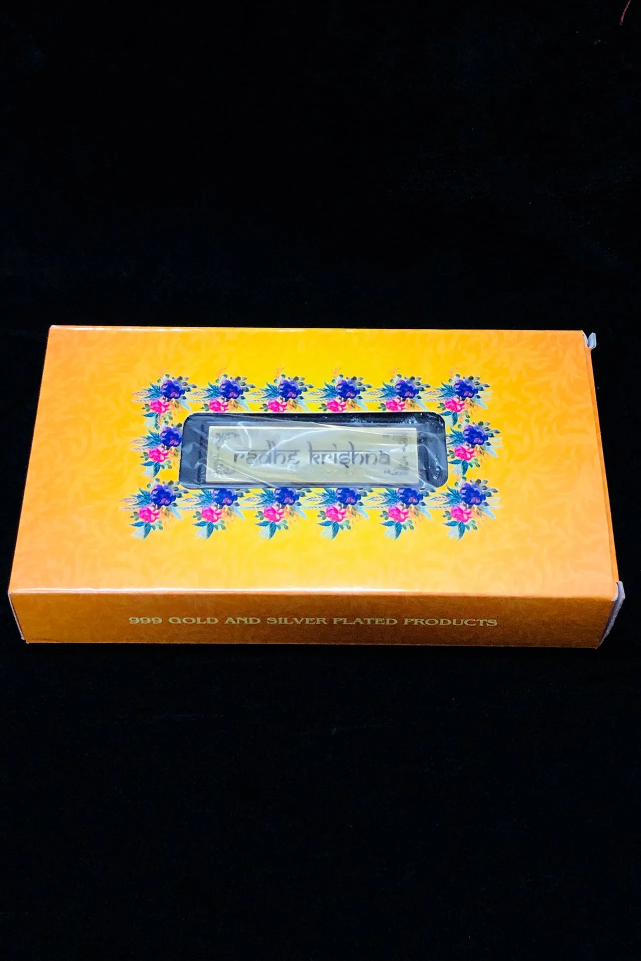 Gold Foil Radha Krishna with Charan Paduka with Acrylic Box Pack Of 1 Color Brown Devotional Prayer Box Footprint