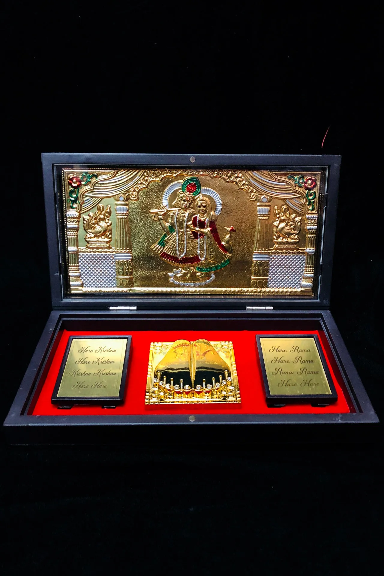 Gold Foil Radha Krishna with Charan Paduka with Acrylic Box Pack Of 1 Color Brown Devotional Prayer Box Footprint