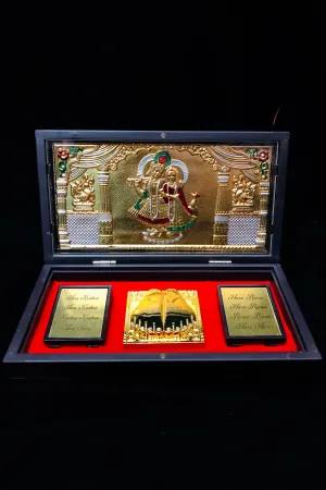 Gold Foil Radha Krishna with Charan Paduka with Acrylic Box Pack Of 1 Color Brown Devotional Prayer Box Footprint