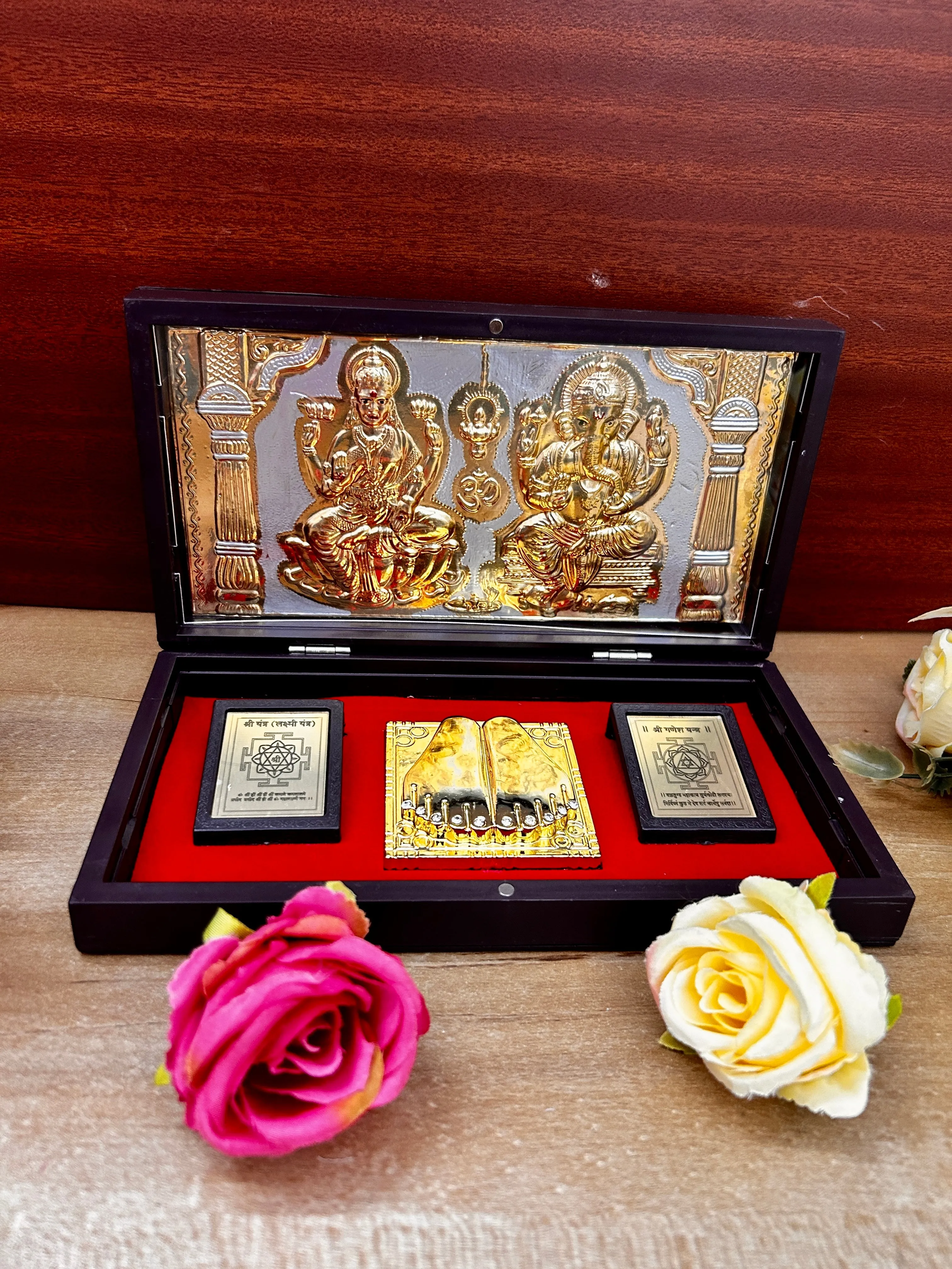 Gold Foil Shree Laxmi Ganeshaye Namha with Charan Paduka with Acrylic Box Pack Of 1 Color Brown Devotional Prayer Box Footprint