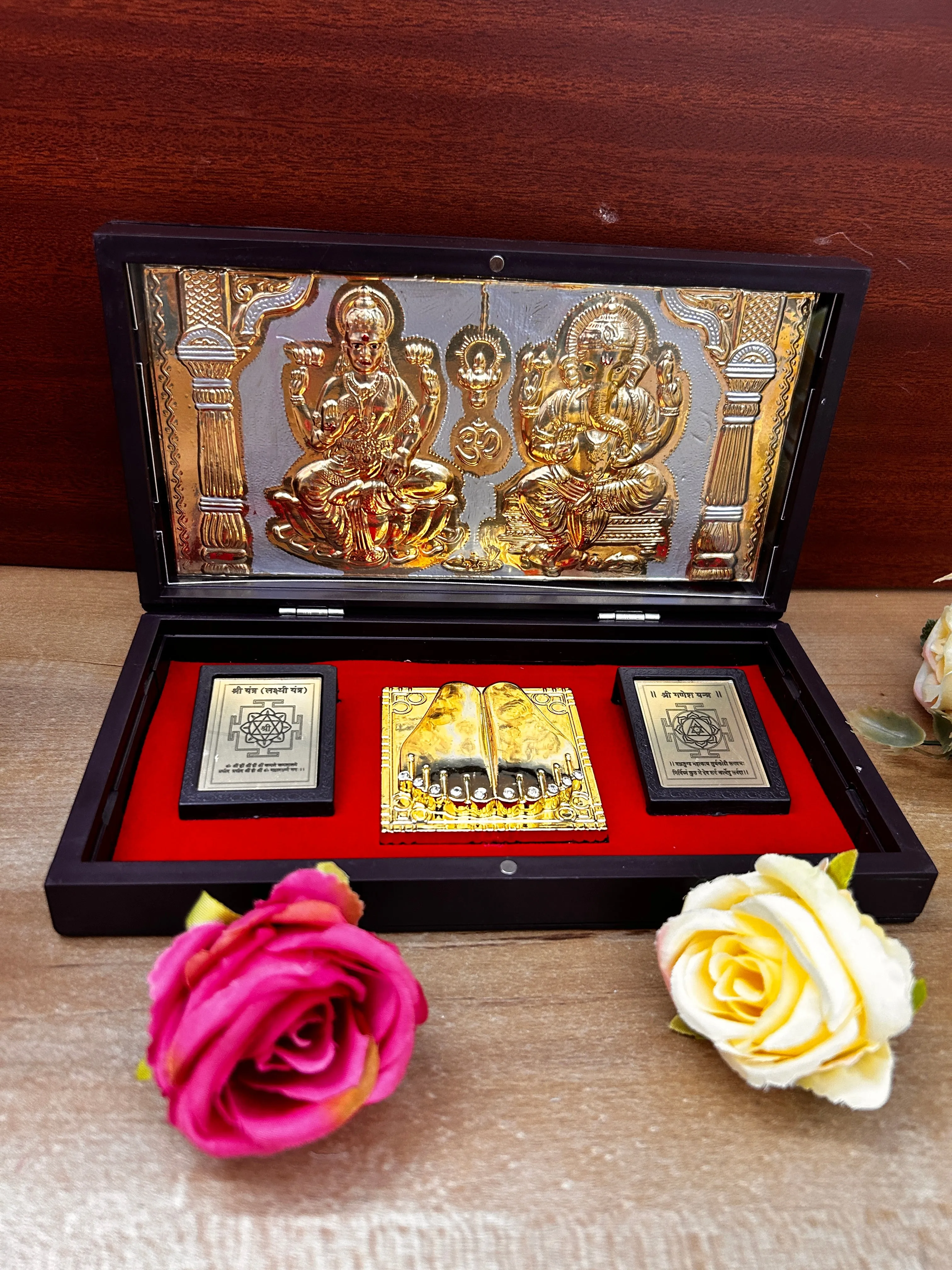 Gold Foil Shree Laxmi Ganeshaye Namha with Charan Paduka with Acrylic Box Pack Of 1 Color Brown Devotional Prayer Box Footprint