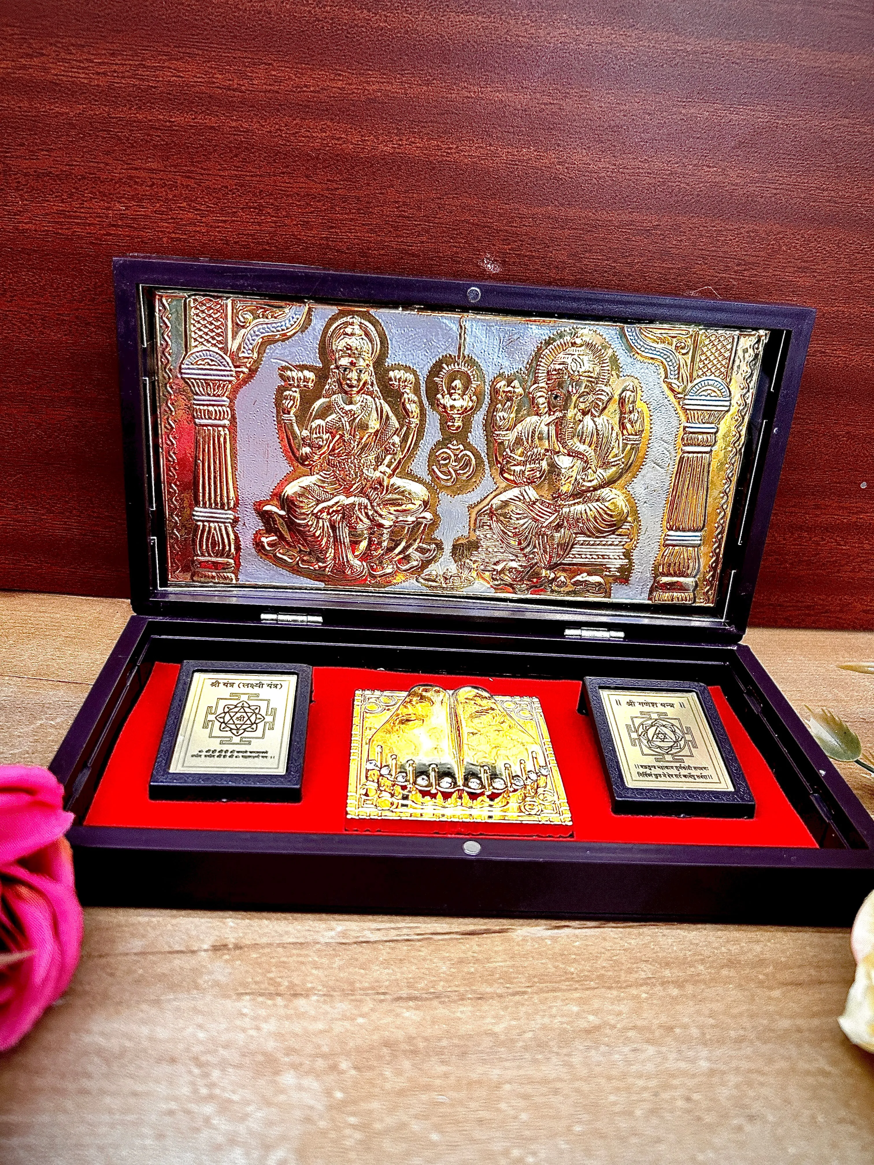 Gold Foil Shree Laxmi Ganeshaye Namha with Charan Paduka with Acrylic Box Pack Of 1 Color Brown Devotional Prayer Box Footprint