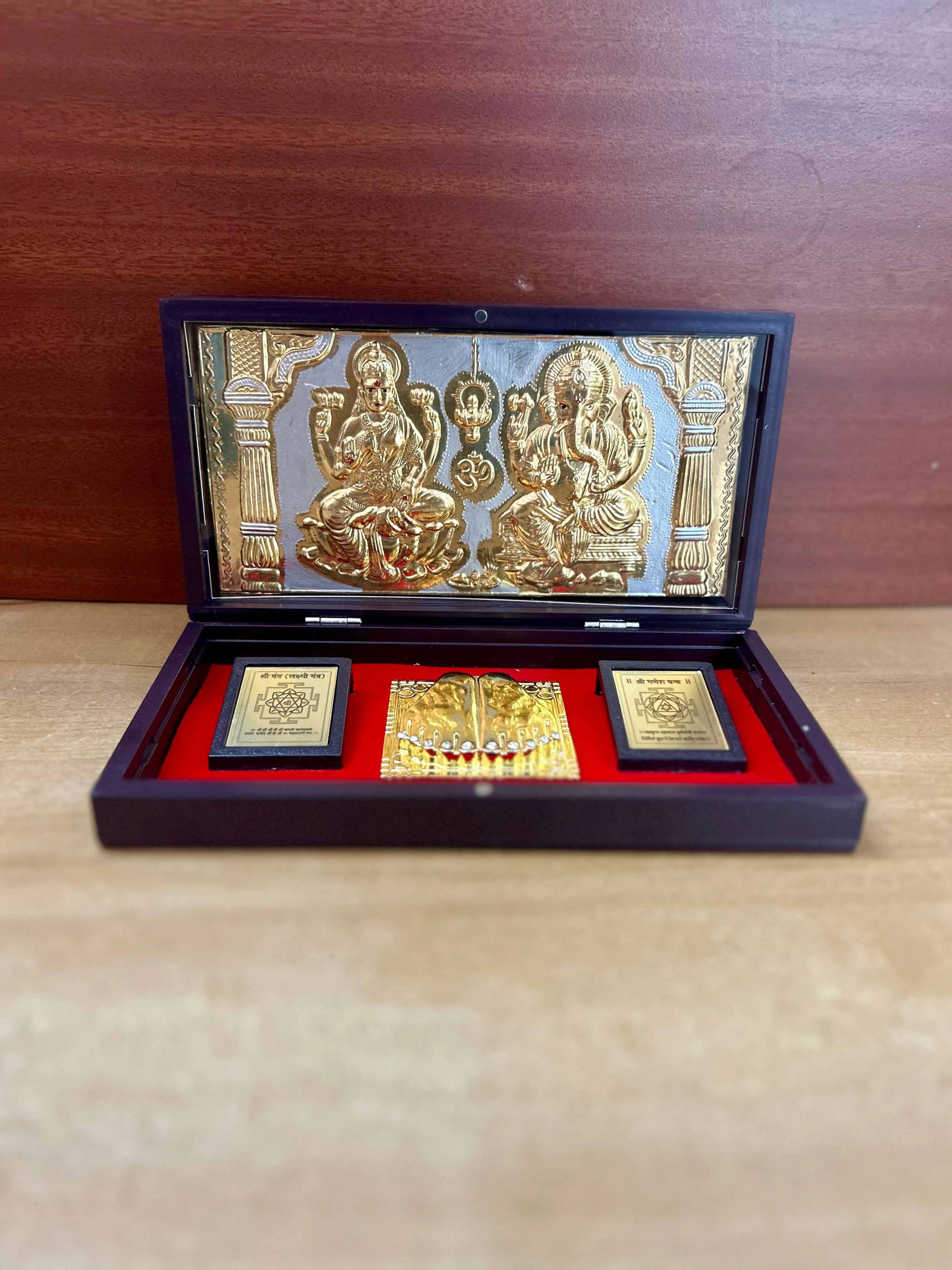 Gold Foil Shree Laxmi Ganeshaye Namha with Charan Paduka with Acrylic Box Pack Of 1 Color Brown Devotional Prayer Box Footprint