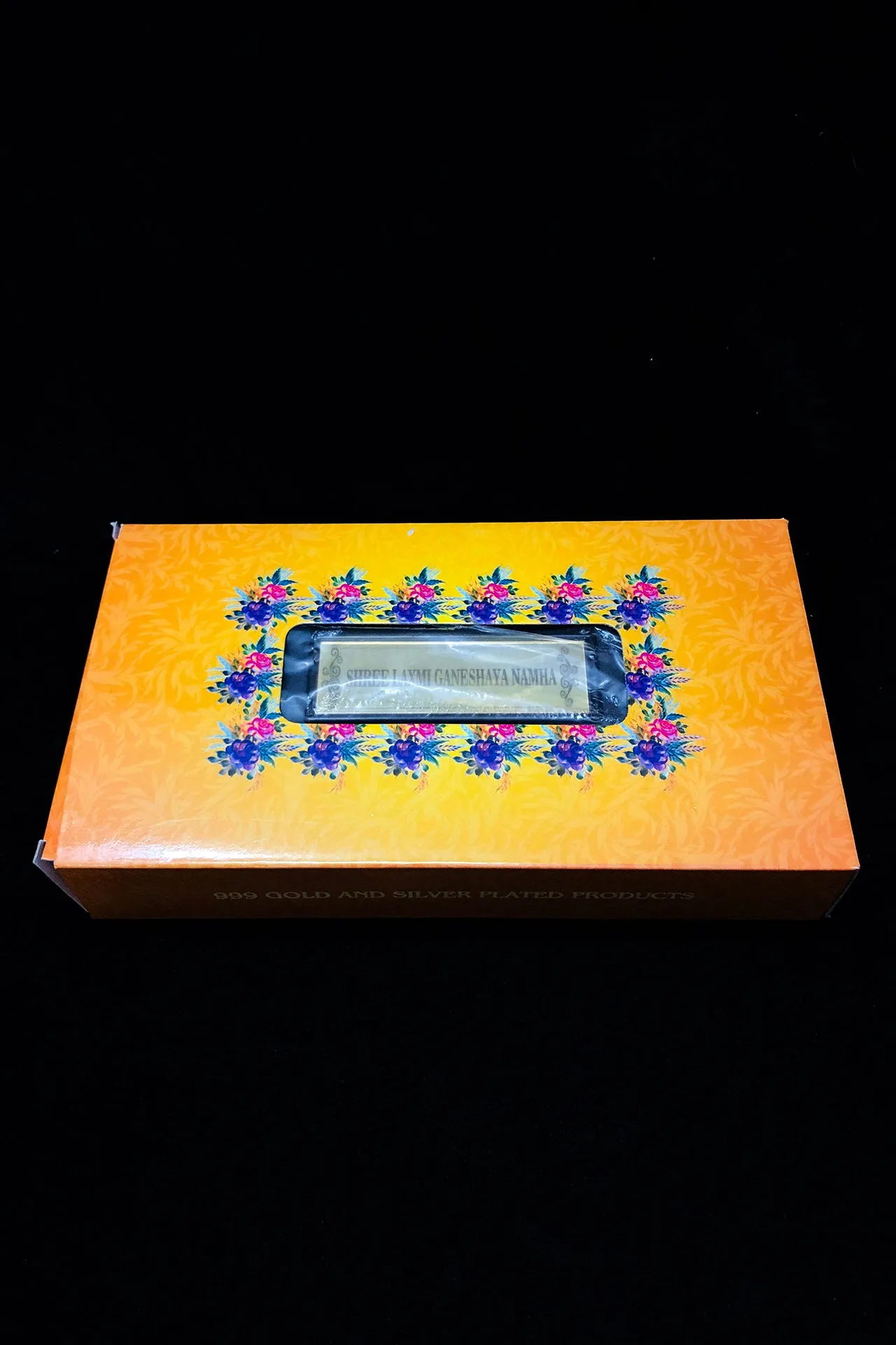 Gold Foil Shree Laxmi Ganeshaye Namha with Charan Paduka with Acrylic Box Pack Of 1 Color Brown Devotional Prayer Box Footprint