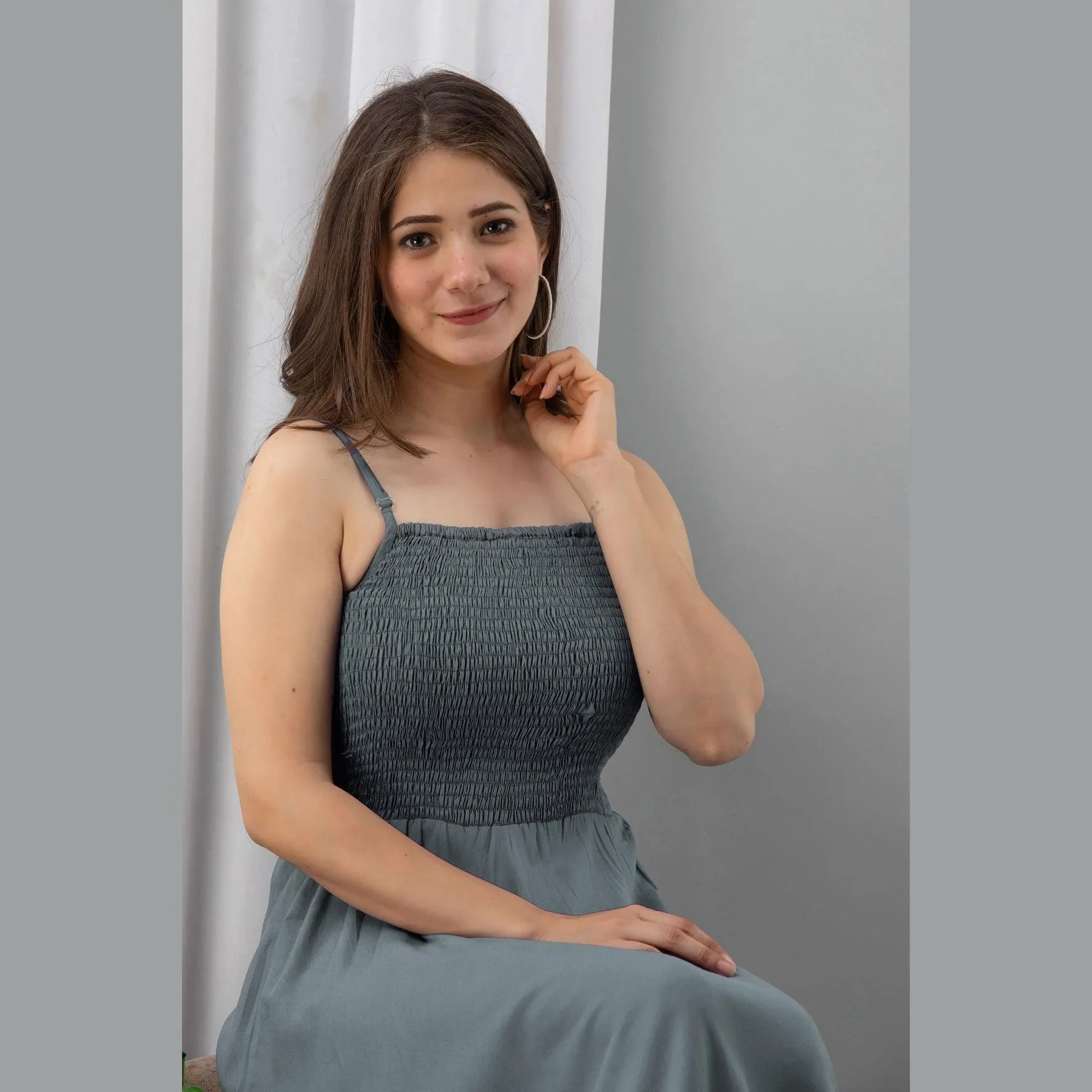 Grey Shirred Gown Dress