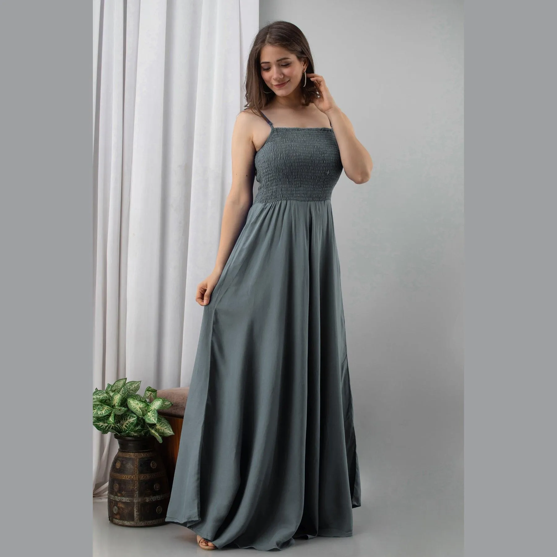 Grey Shirred Gown Dress