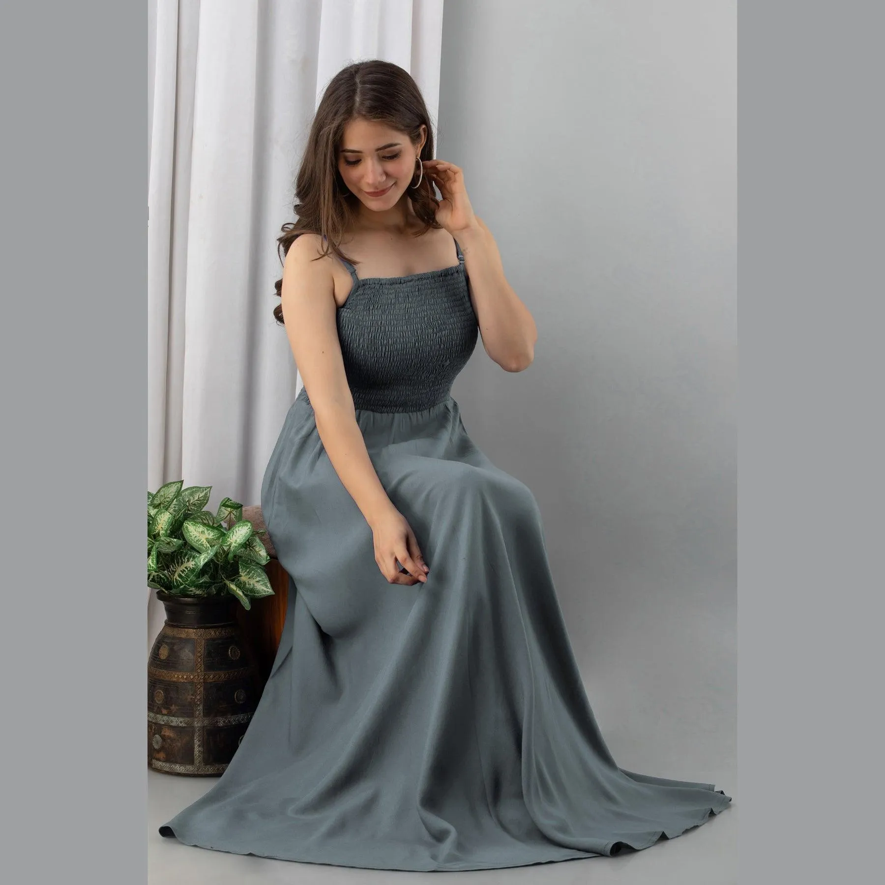 Grey Shirred Gown Dress