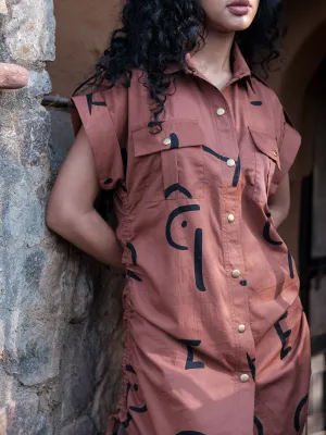 Line Printed Sunrise Gather Shirt Copper Dress