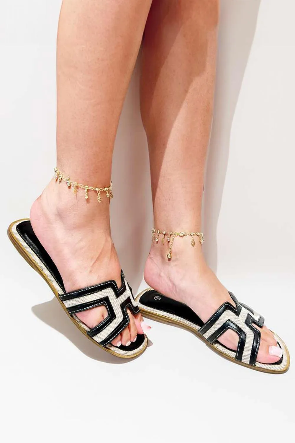 Marla Piping Detail Cut Out Sliders in Black
