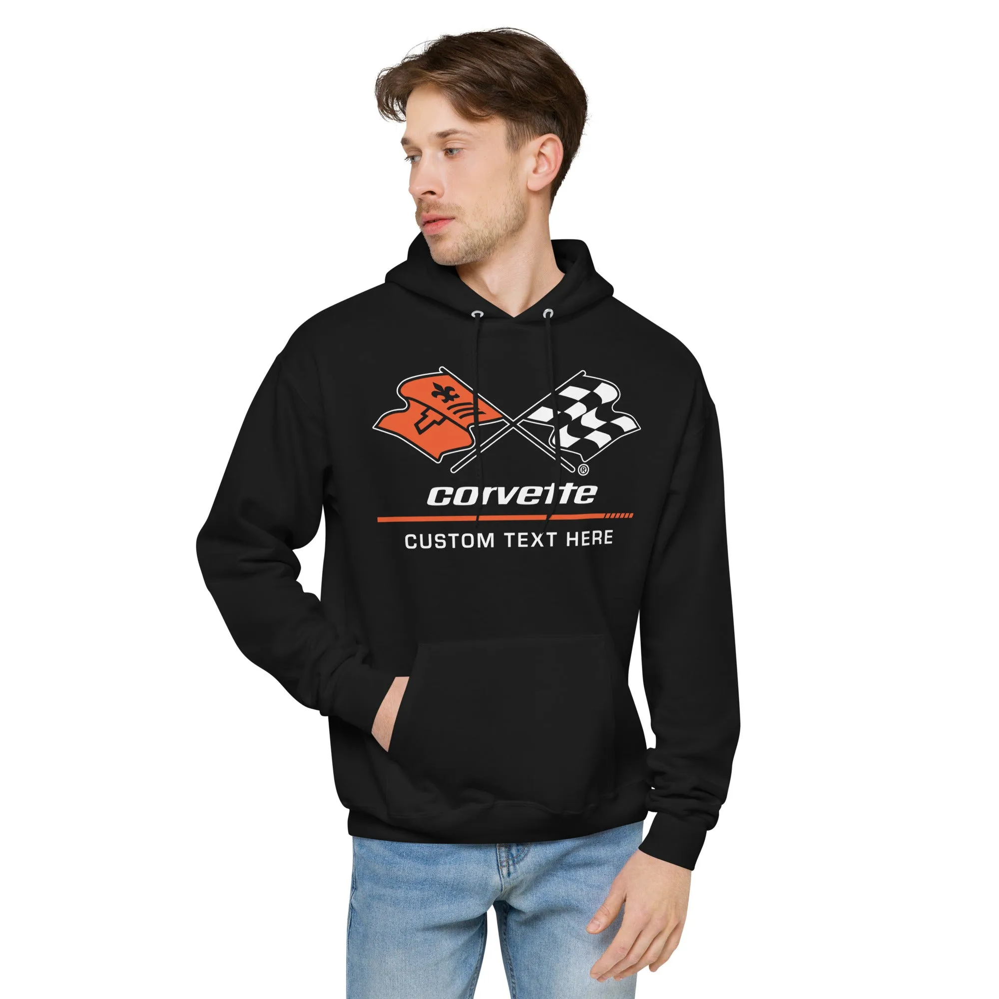 Personalized Corvette C3 Racing Flag Logo Hoodie, Unisex Fleece Pullover Sweatshirt, Custom Gift for Car Enthusiasts and Corvette Fans