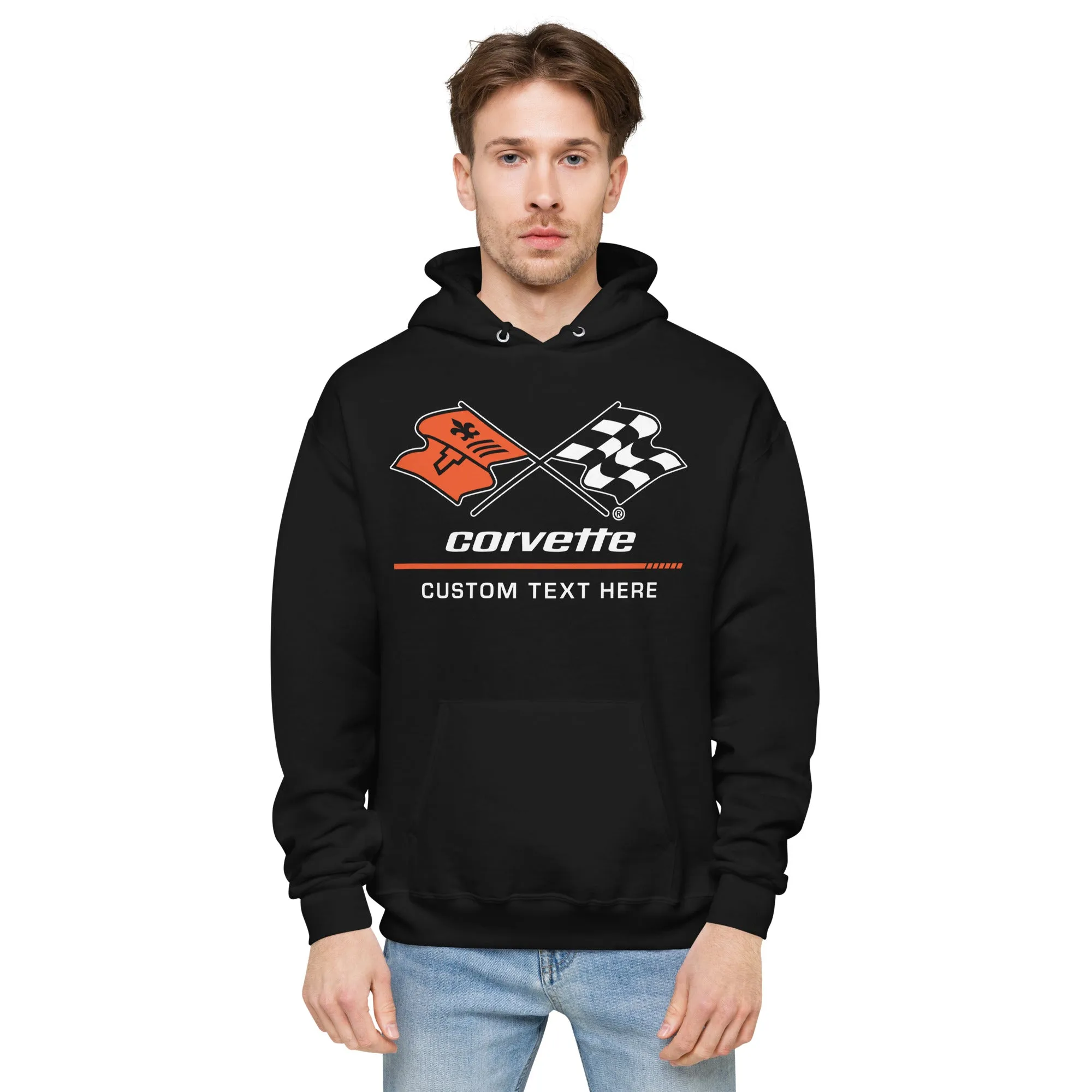 Personalized Corvette C3 Racing Flag Logo Hoodie, Unisex Fleece Pullover Sweatshirt, Custom Gift for Car Enthusiasts and Corvette Fans