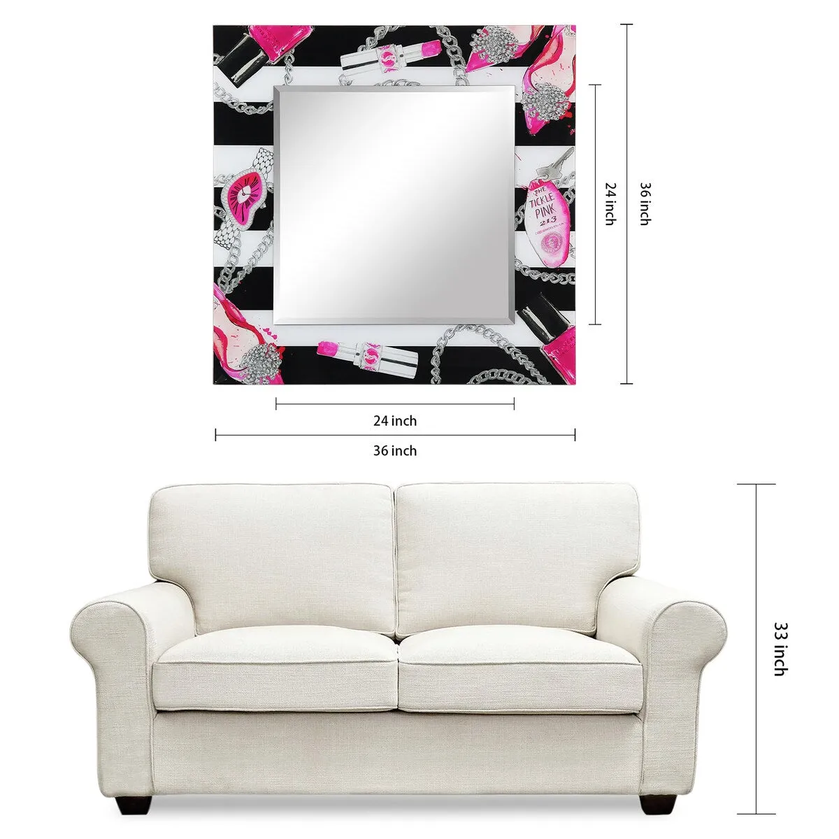 "Essentials" Square Beveled Mirror on Free Floating Printed Tempered Art Glass - 36" x 36"
