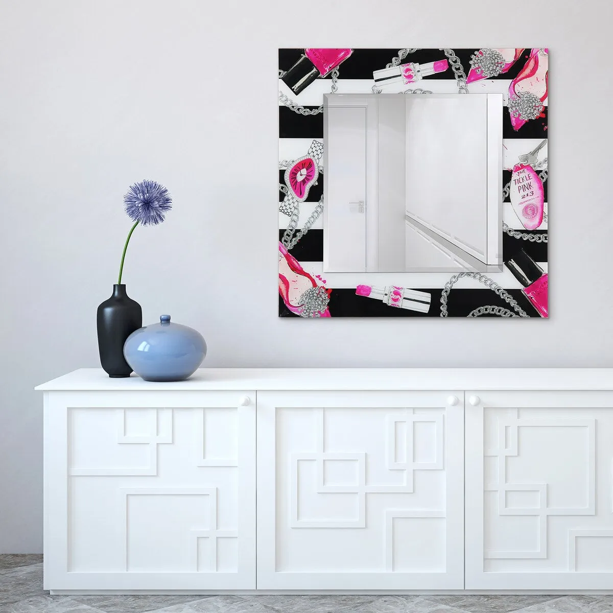 "Essentials" Square Beveled Mirror on Free Floating Printed Tempered Art Glass - 36" x 36"