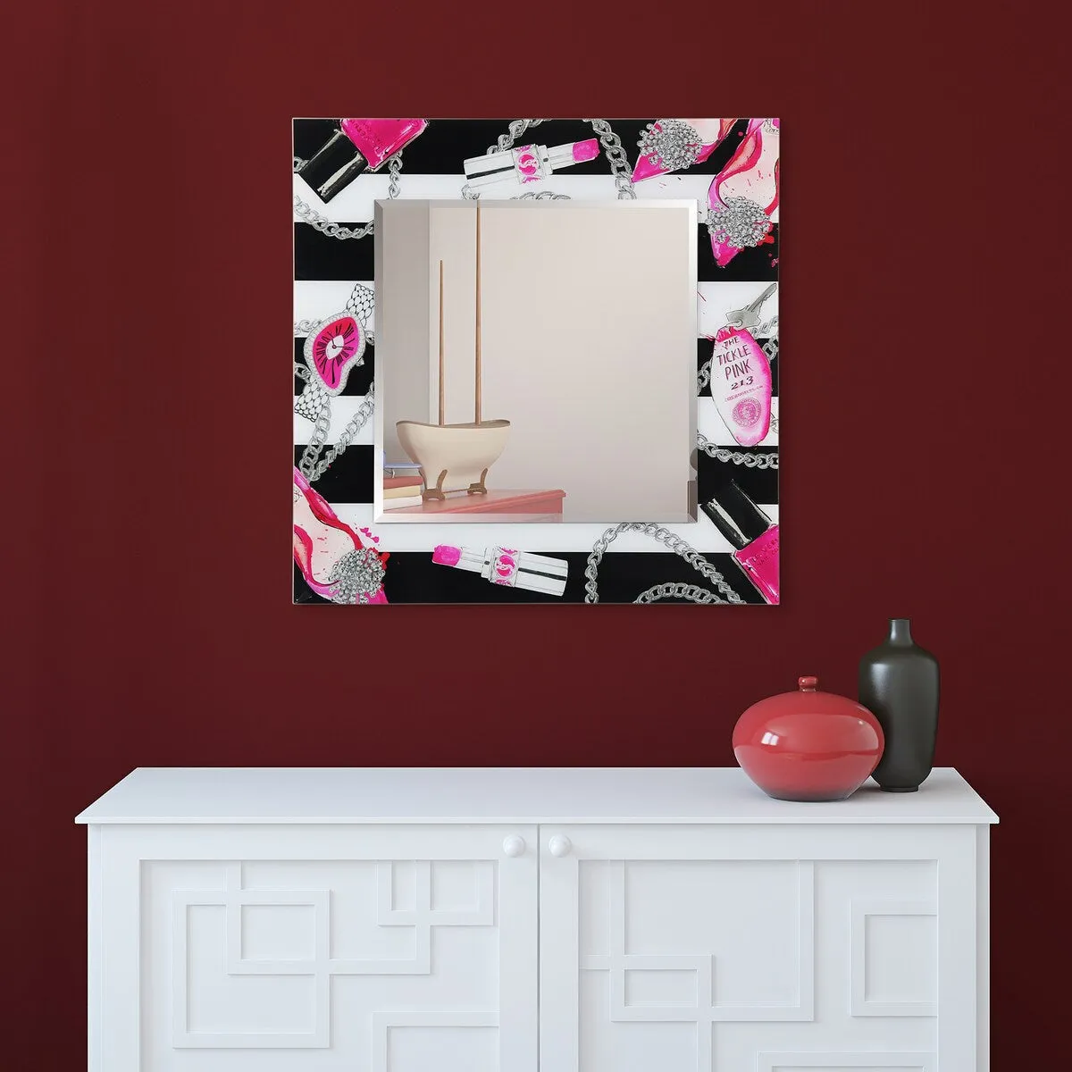 "Essentials" Square Beveled Mirror on Free Floating Printed Tempered Art Glass - 36" x 36"