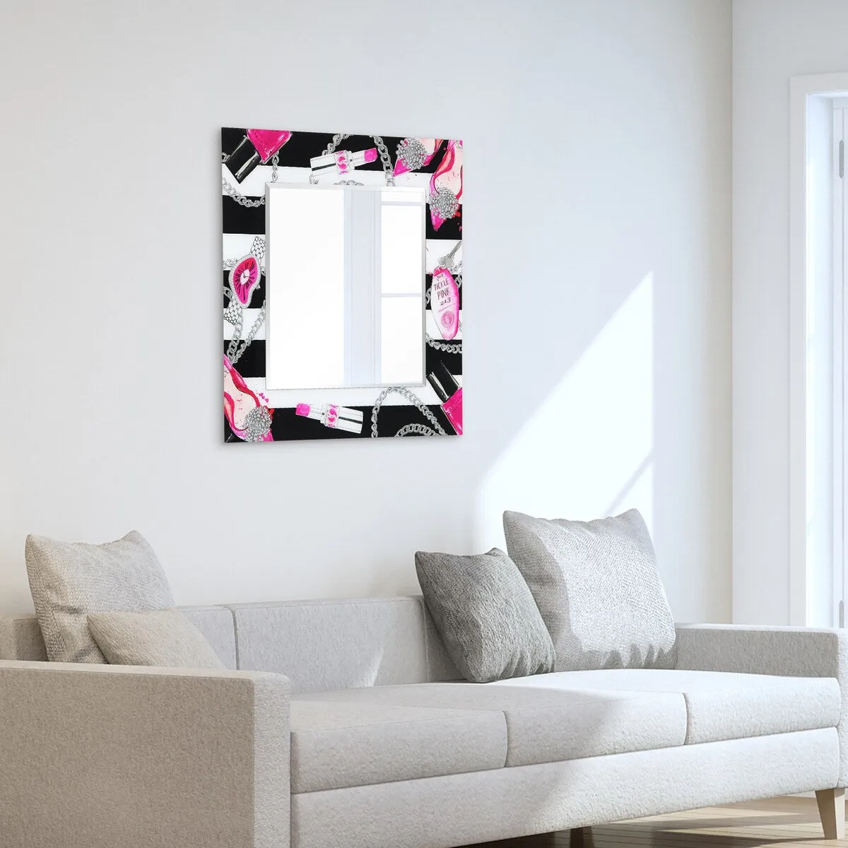 "Essentials" Square Beveled Mirror on Free Floating Printed Tempered Art Glass - 36" x 36"