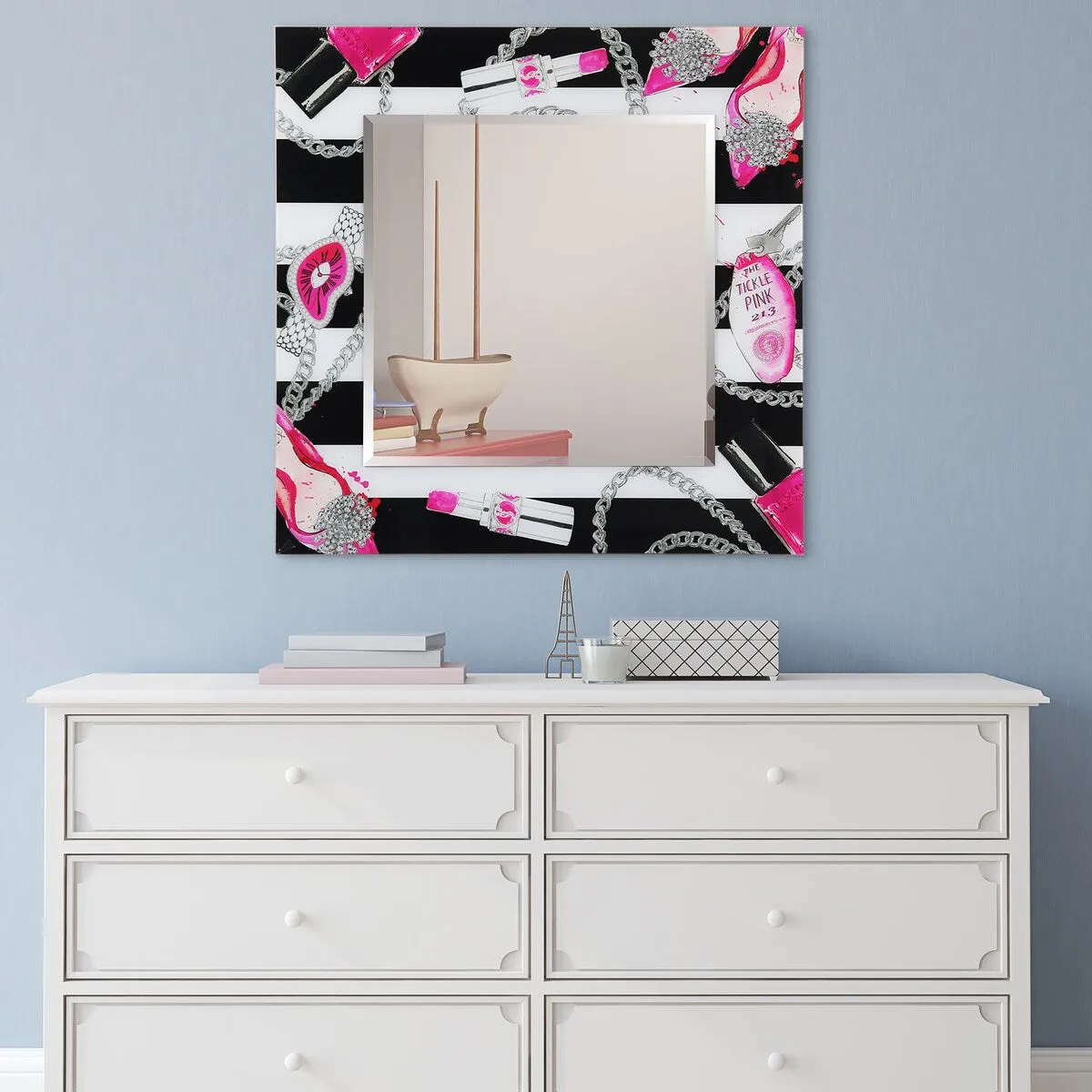 "Essentials" Square Beveled Mirror on Free Floating Printed Tempered Art Glass - 36" x 36"