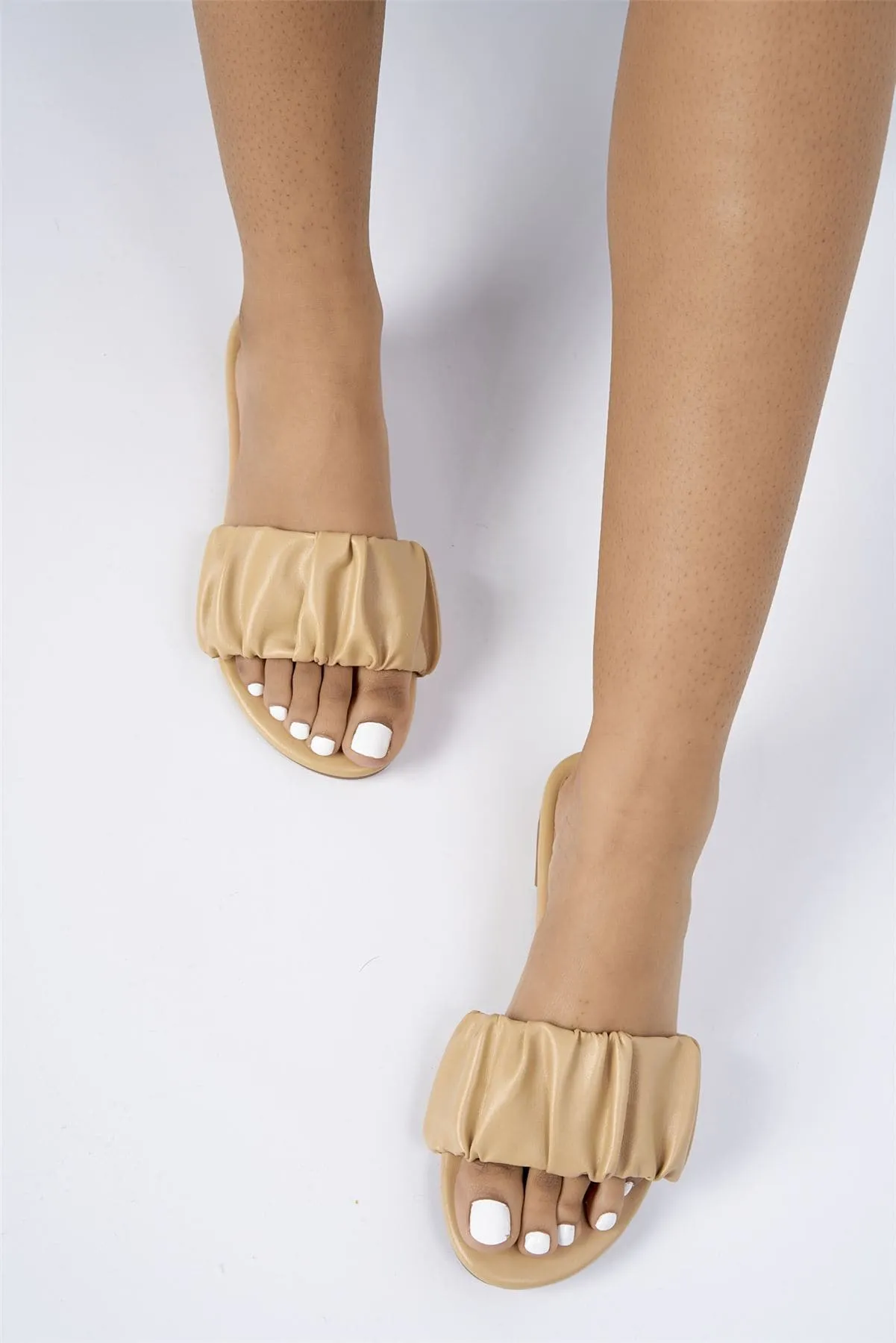 Raye Flat Ruched Sandal in Nude