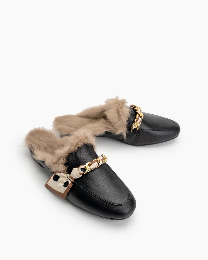 Ribbon Decor Flat Fur Comfortable Slippers Mules