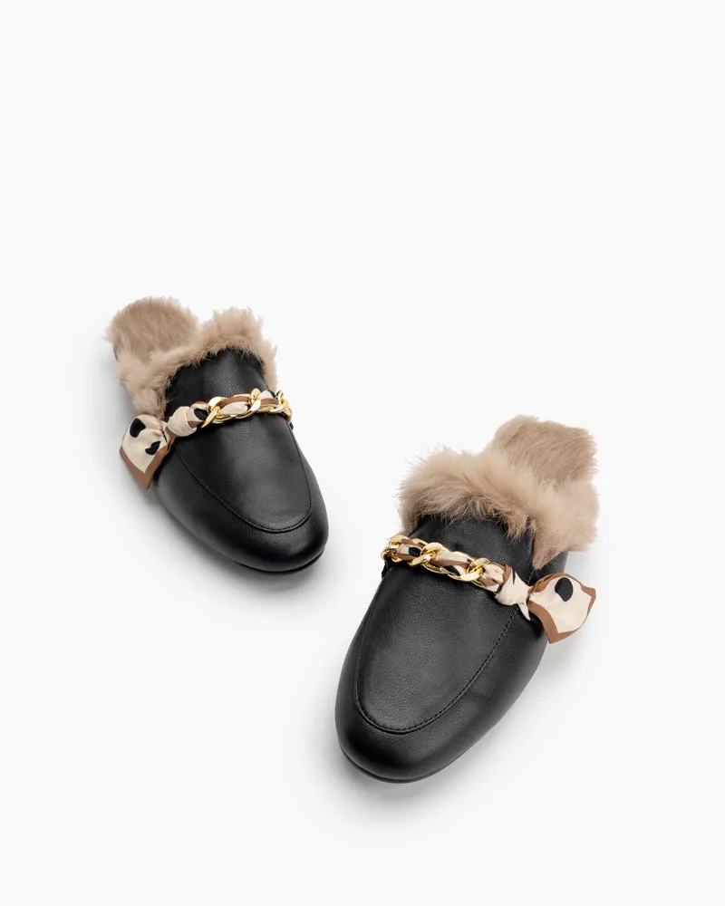 Ribbon Decor Flat Fur Comfortable Slippers Mules