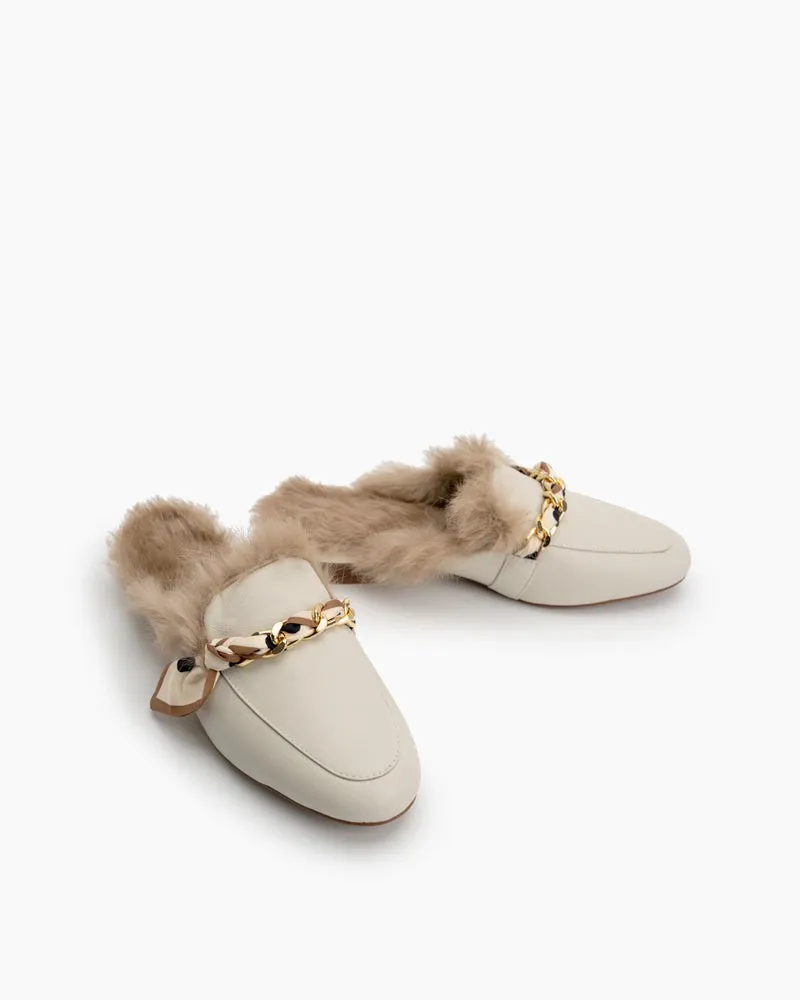 Ribbon Decor Flat Fur Comfortable Slippers Mules