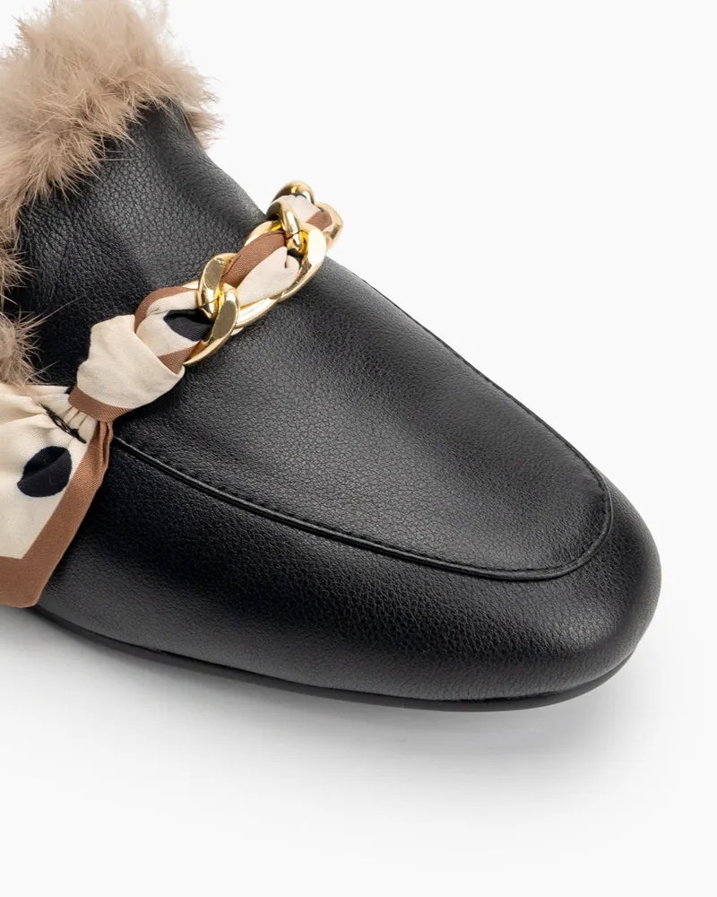 Ribbon Decor Flat Fur Comfortable Slippers Mules