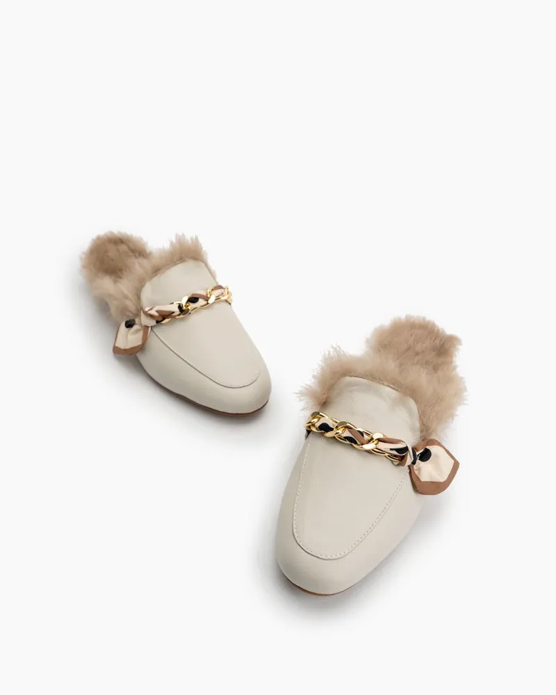 Ribbon Decor Flat Fur Comfortable Slippers Mules