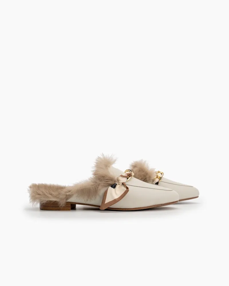 Ribbon Decor Flat Fur Comfortable Slippers Mules