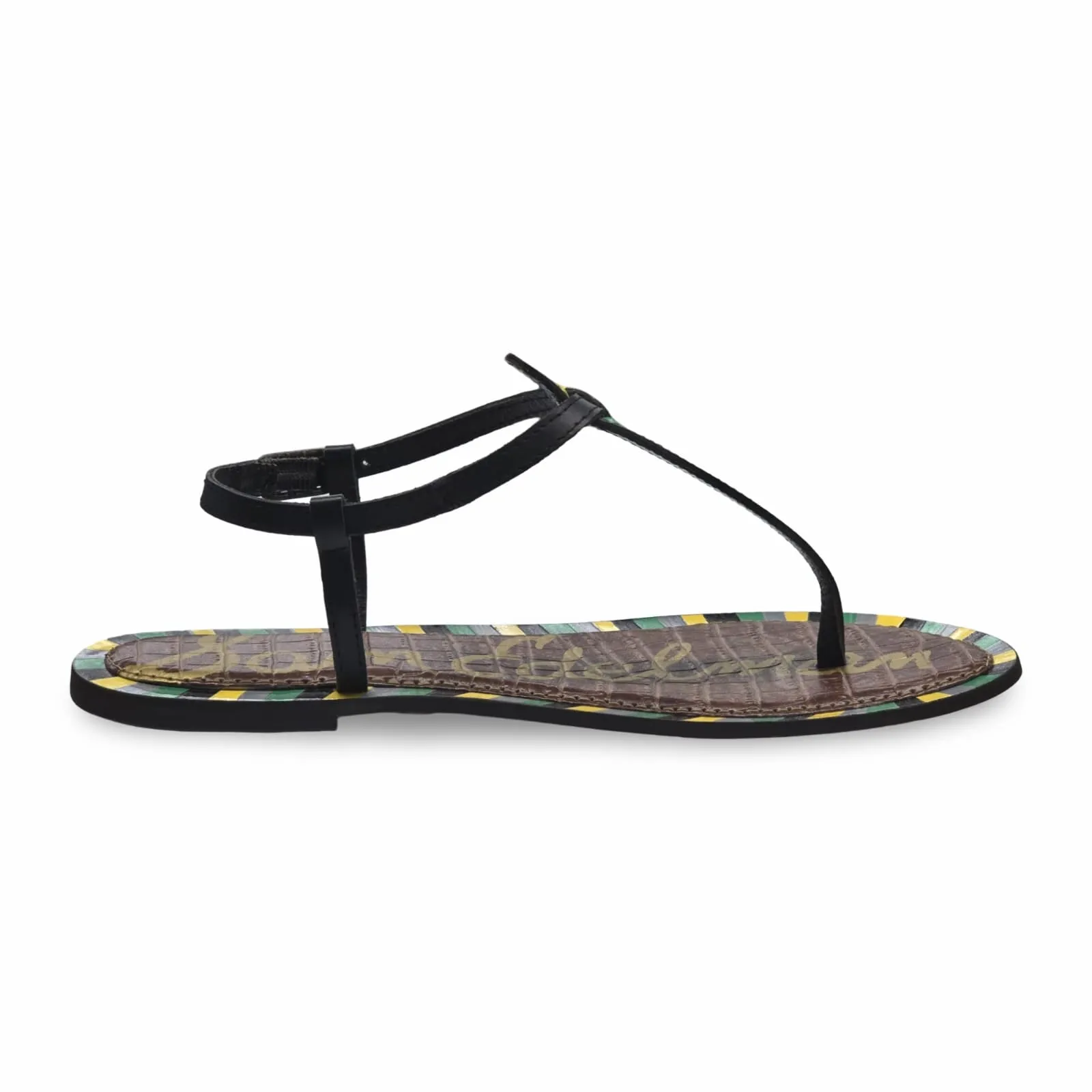 Sam Edelman Gigi Black Chevron Leather Embossed Ankle Strap Thong Flats Sandals