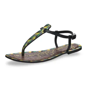 Sam Edelman Gigi Black Chevron Leather Embossed Ankle Strap Thong Flats Sandals