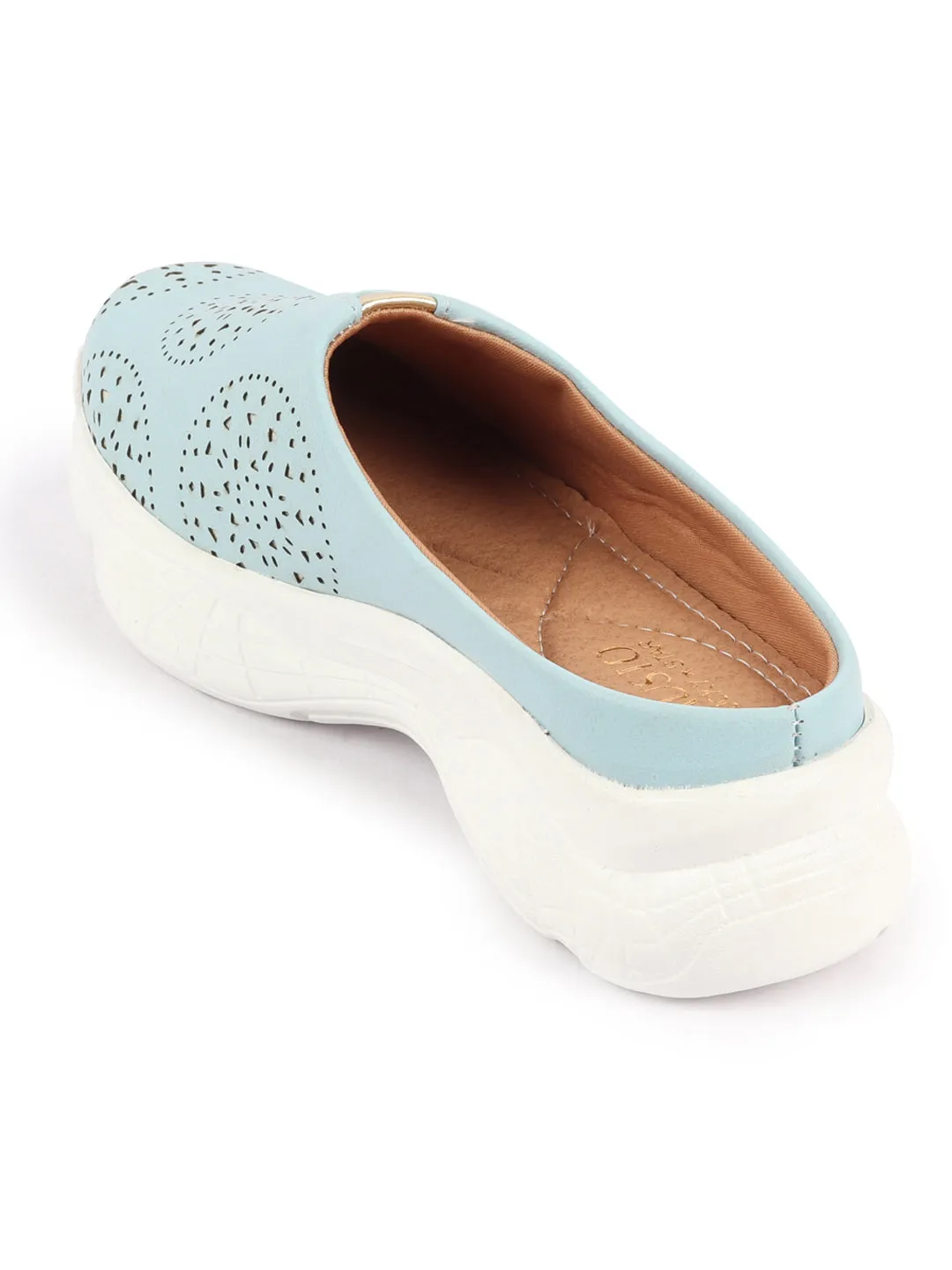 Women Sky Blue Laser Cut Design Back Open Slip On Mules Shoes