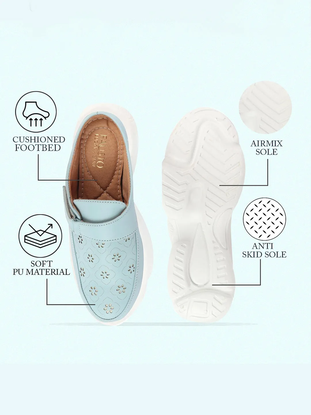Women Sky Blue Laser Cut Floral Design Hook and Loop Back Open Slip On Mules Shoes