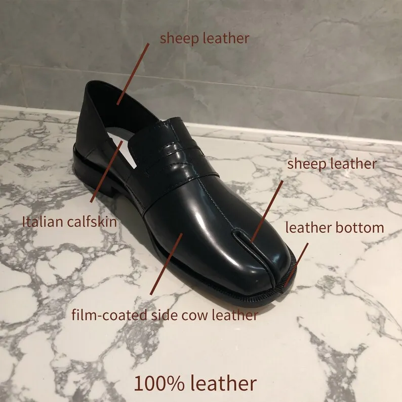 WoodChuckSato Women's Men's Vintage Black Tabi Split-Toe Cow Leather Flat Shoes Sizes EU 35-47